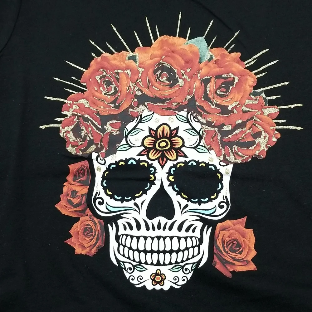 Wound Up Medium(7-9) Juniors Black Day of the Dead Sugar Skull T-shirt - Picture 5 of 6